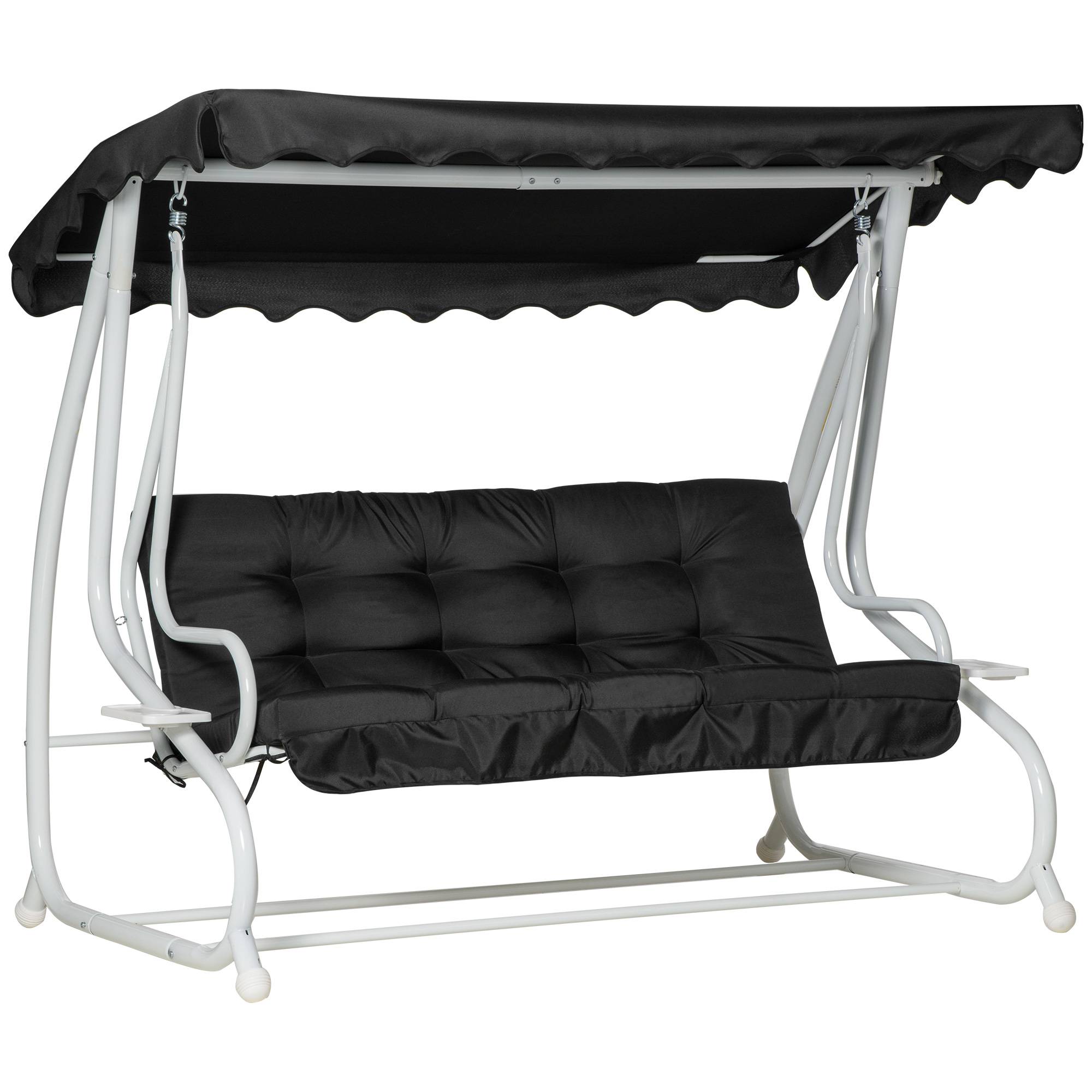 Outsunny - Balancelle de jardin convertible 2 places toit inclinaison réglable coussins inclus plateaux porte-gobelets acier polyester noir - Outsunny - Imagen 1