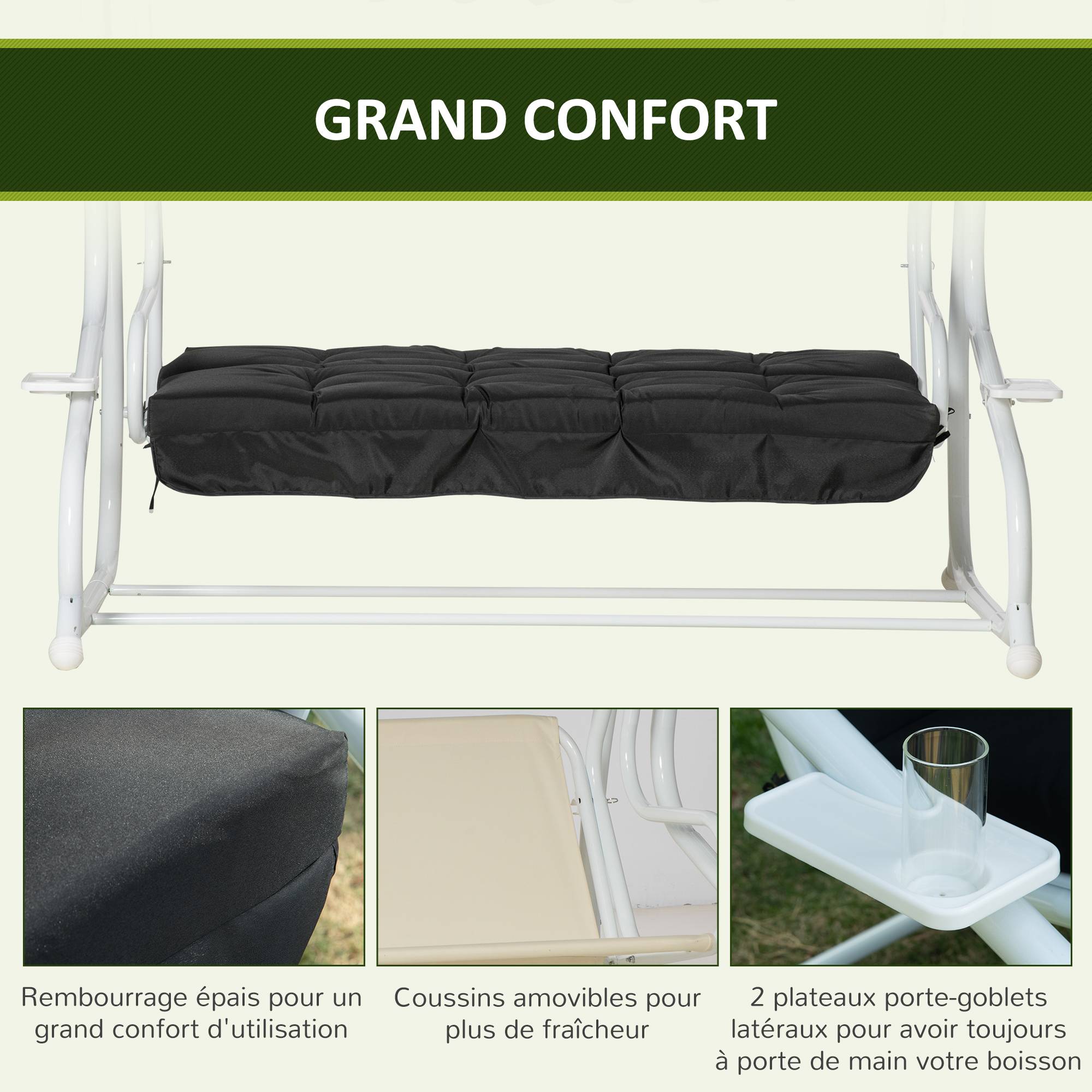 Outsunny - Balancelle de jardin convertible 2 places toit inclinaison réglable coussins inclus plateaux porte-gobelets acier polyester noir - Outsunny - Imagen 6
