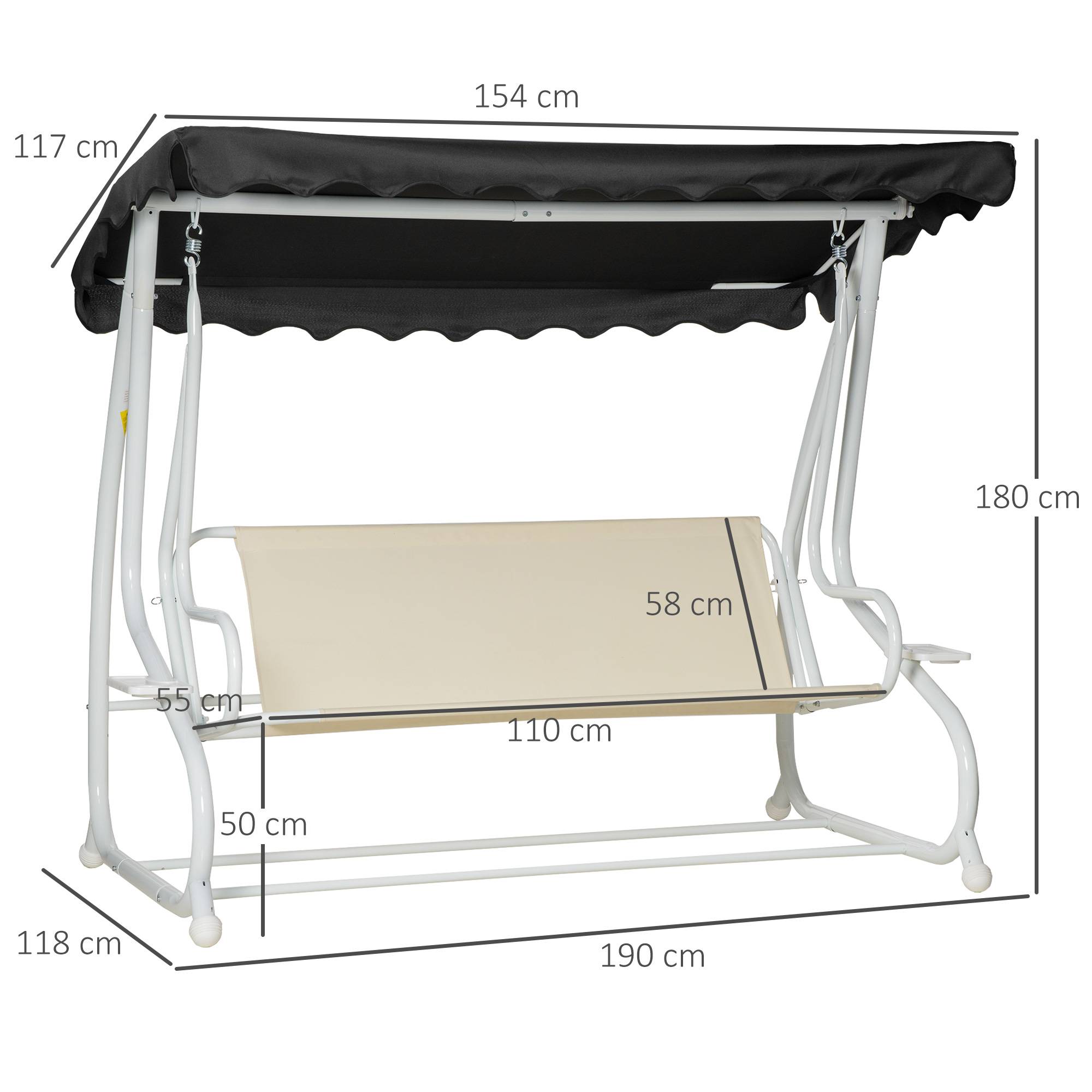 Outsunny - Balancelle de jardin convertible 2 places toit inclinaison réglable coussins inclus plateaux porte-gobelets acier polyester noir - Outsunny - Imagen 3