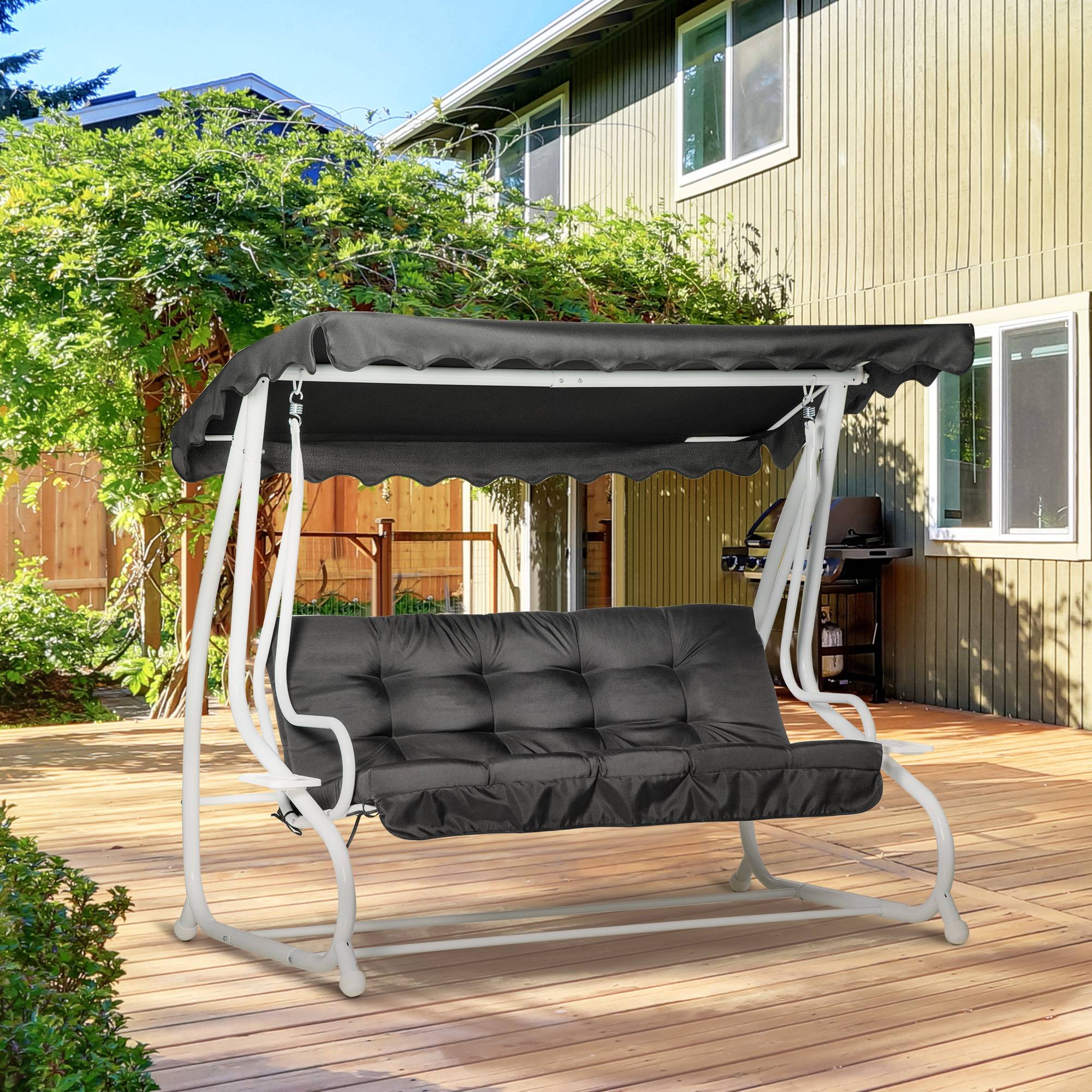 Outsunny - Balancelle de jardin convertible 2 places toit inclinaison réglable coussins inclus plateaux porte-gobelets acier polyester noir - Outsunny - Imagen 2