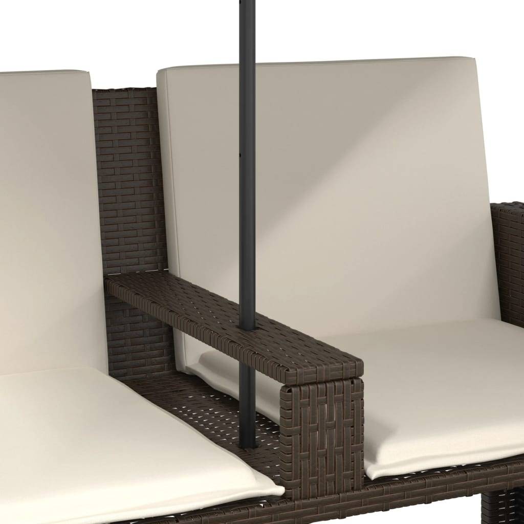 Canapé Extérieur 2 Personnes Rotin Synthétique avec Parasol et Poufs – Terrasse Brun – ComfortXL Outdoor Living - Image 9