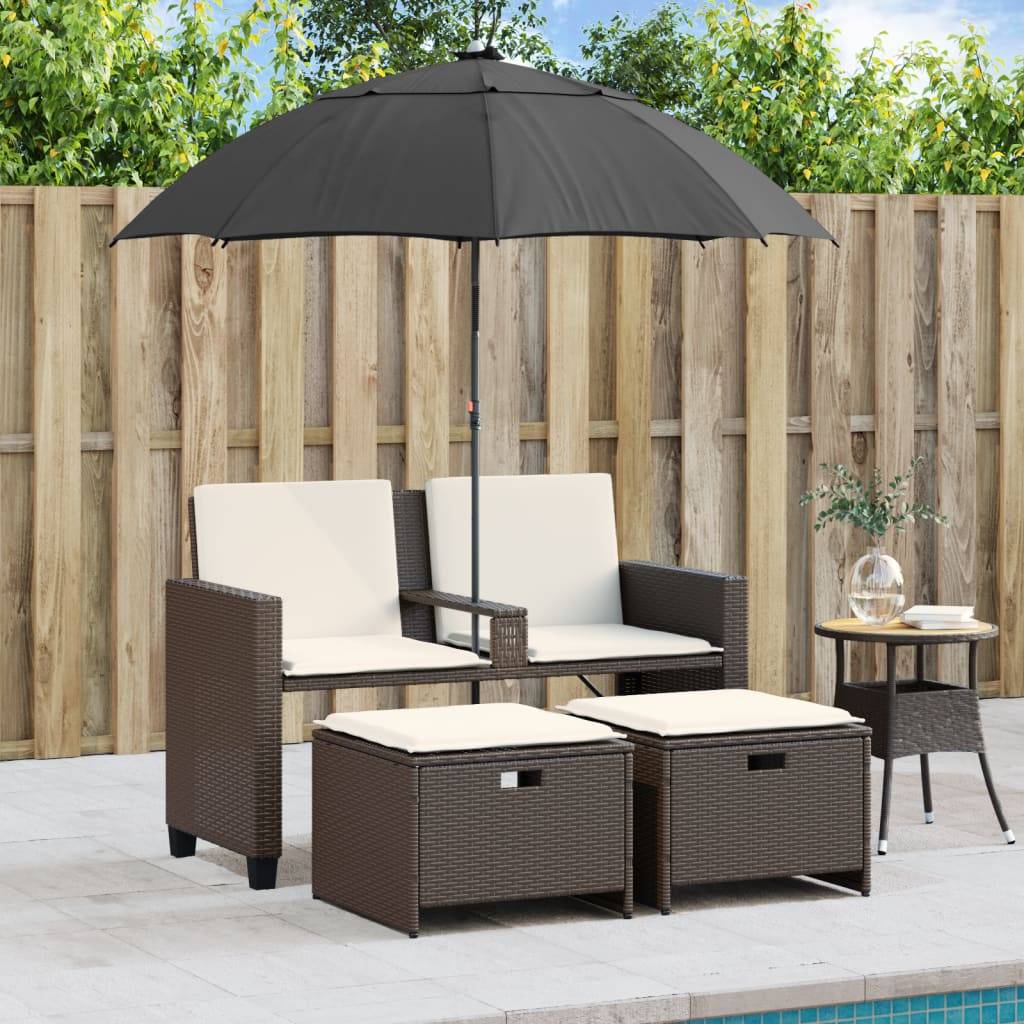 Canapé Extérieur 2 Personnes Rotin Synthétique avec Parasol et Poufs – Terrasse Brun – ComfortXL Outdoor Living - Image 3