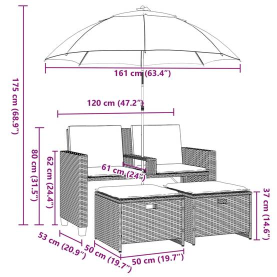 Canapé Extérieur 2 Personnes Rotin Synthétique avec Parasol et Poufs – Terrasse Brun – ComfortXL Outdoor Living - Image 7
