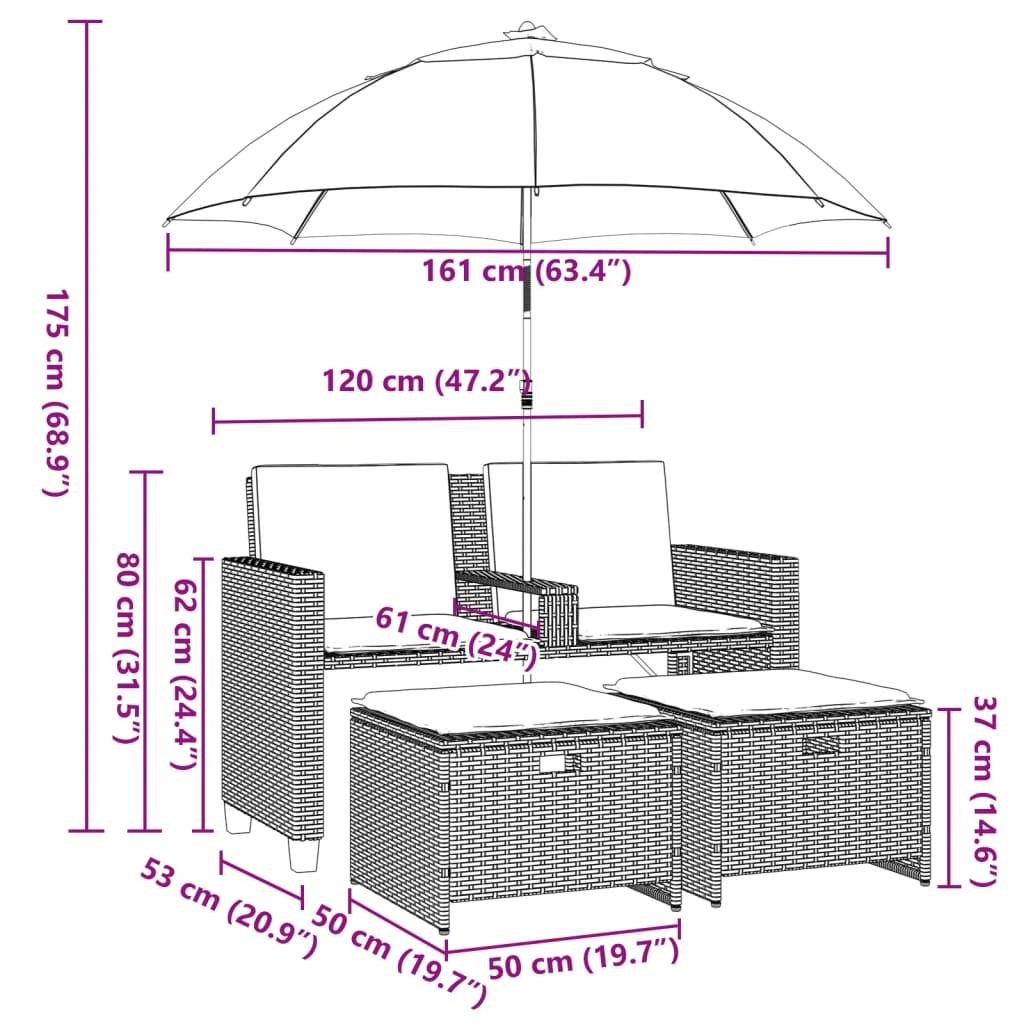 Canapé Extérieur 2 Personnes Rotin Synthétique avec Parasol et Poufs – Terrasse Brun – ComfortXL Outdoor Living - Image 7