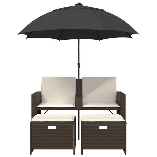 Canapé Extérieur 2 Personnes Rotin Synthétique avec Parasol et Poufs – Terrasse Brun – ComfortXL Outdoor Living - Image 4