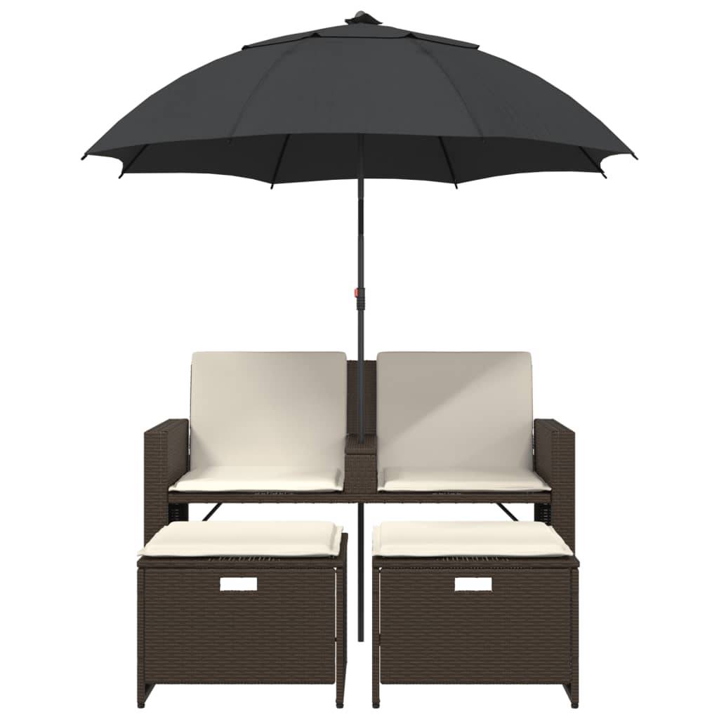 Canapé Extérieur 2 Personnes Rotin Synthétique avec Parasol et Poufs – Terrasse Brun – ComfortXL Outdoor Living - Image 4
