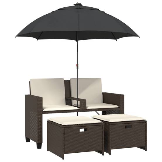 Canapé Extérieur 2 Personnes Rotin Synthétique avec Parasol et Poufs – Terrasse Brun – ComfortXL Outdoor Living - Image 2