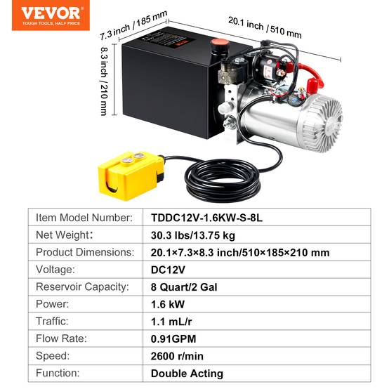 VEVOR Pompe hydraulique DC 12V 8L double effet, débit 3.44 L/min, pression 22 MPa, pour benne basculante/nacelle. - Image 7
