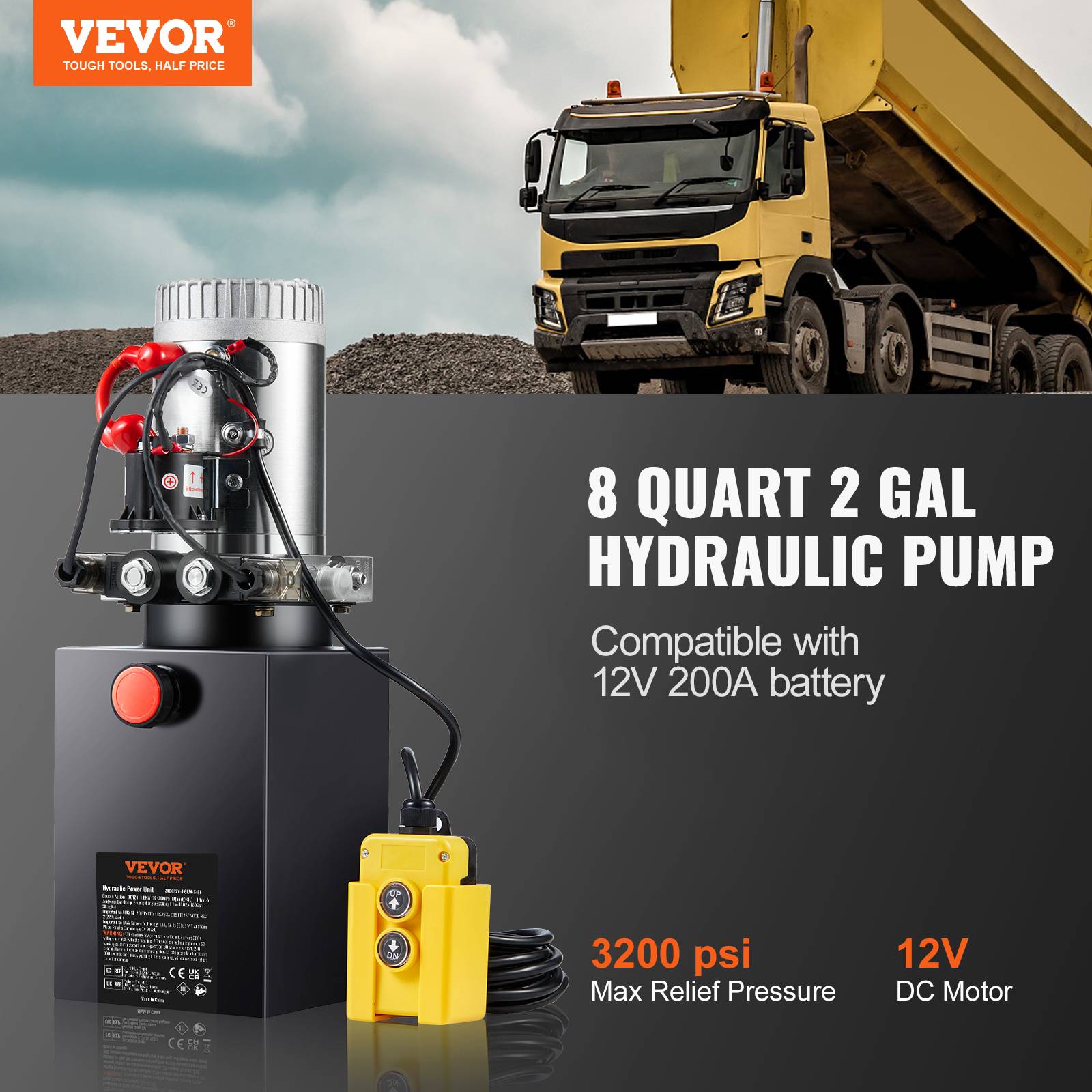 VEVOR Pompe hydraulique DC 12V 8L double effet, débit 3.44 L/min, pression 22 MPa, pour benne basculante/nacelle. - Image 2