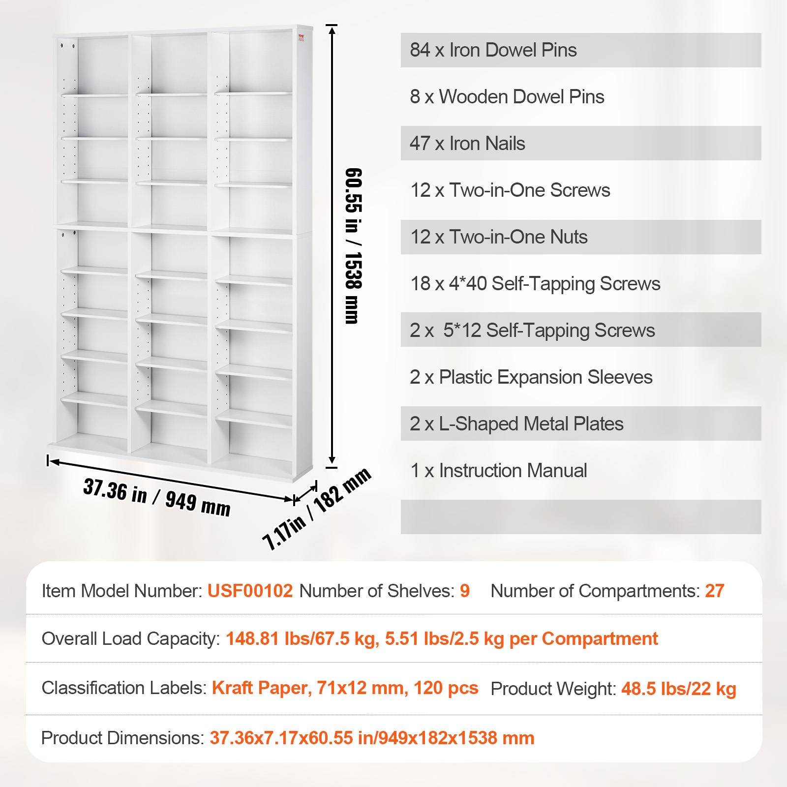 VEVOR Armoire rangement CD/DVD, 27 compartiments. 9 couches, pour 756 CD. Blanc. - Image 7