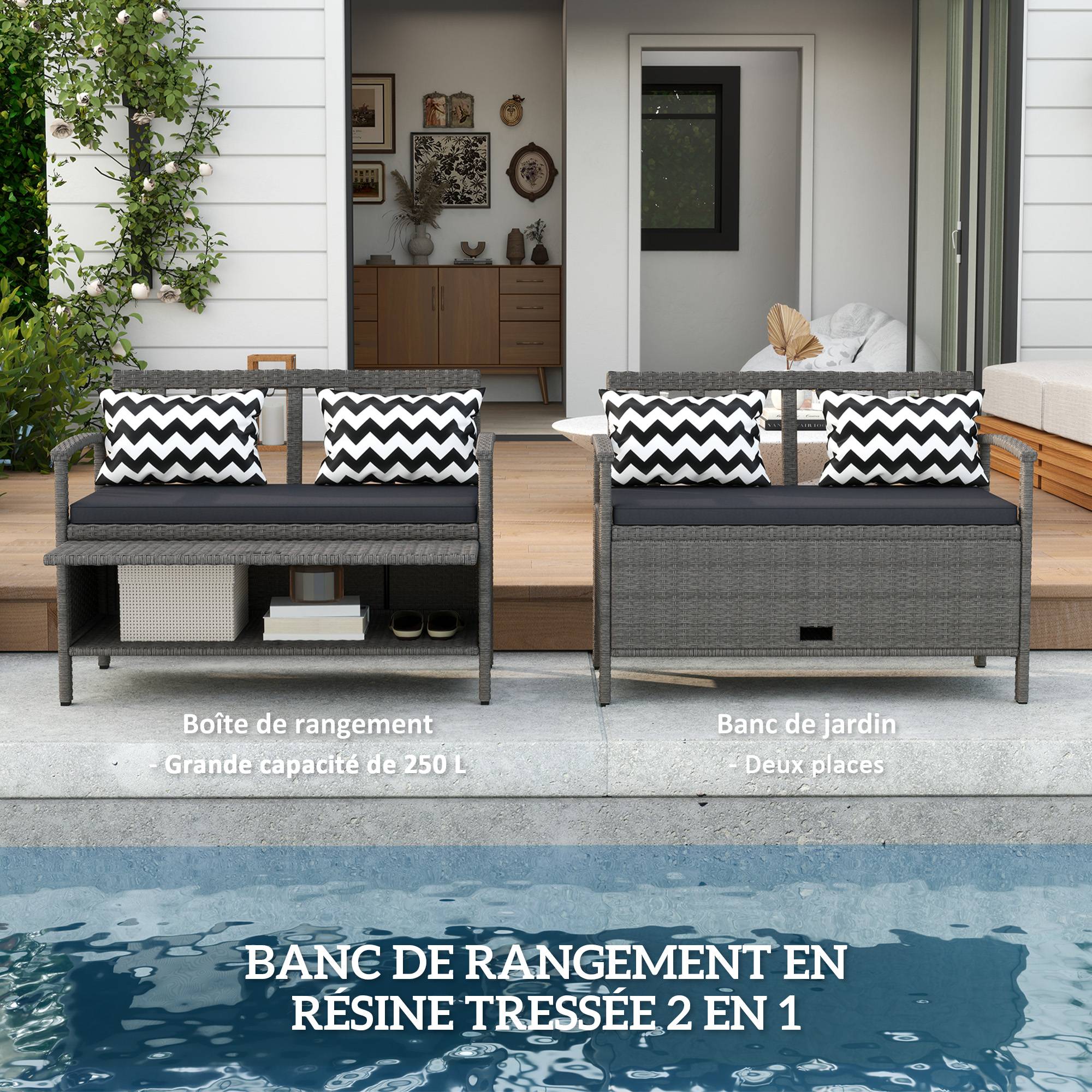Banc de jardin 2 places avec coffre rangement 160L rotin PE terrasse gris - ComfortXL Outdoor Living - Image 6