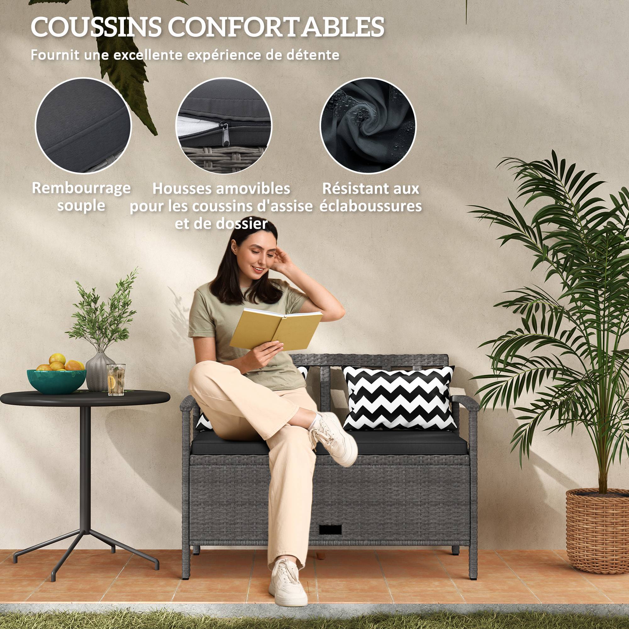 Banc de jardin 2 places avec coffre rangement 160L rotin PE terrasse gris - ComfortXL Outdoor Living - Image 8