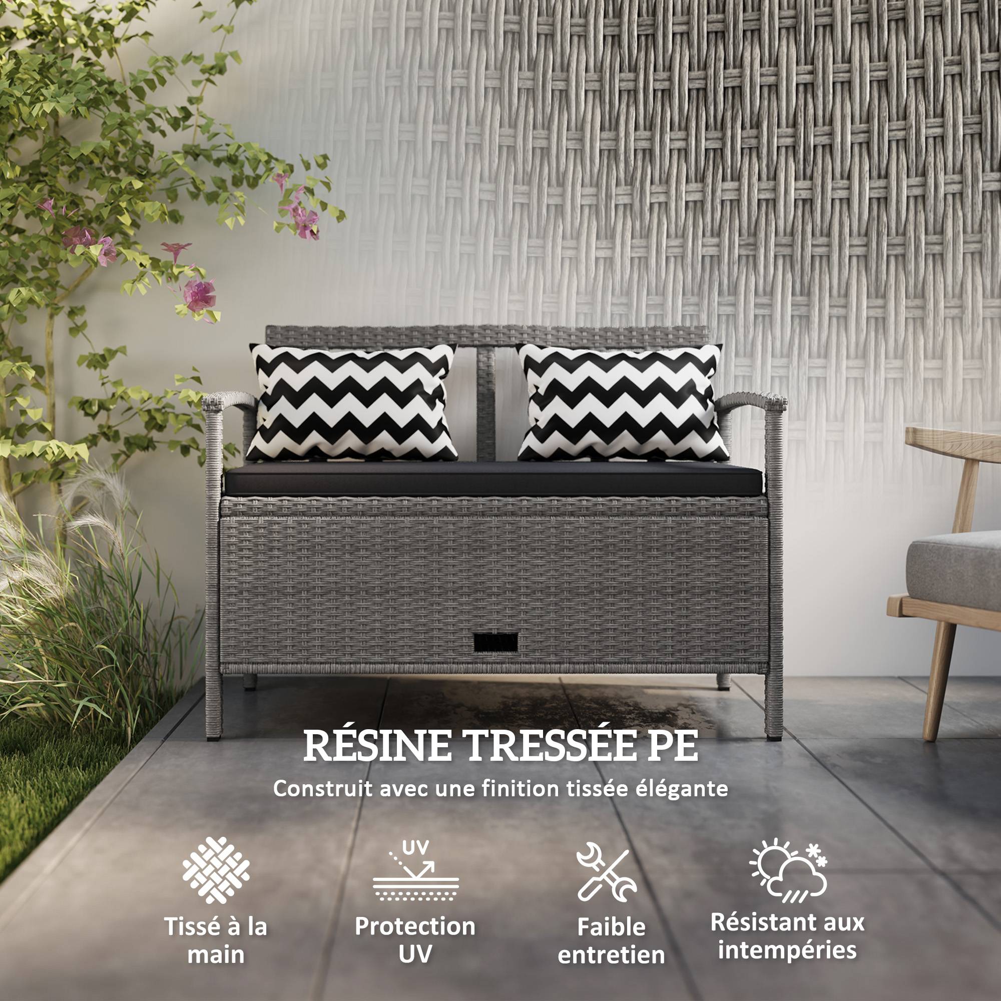 Banc de jardin 2 places avec coffre rangement 160L rotin PE terrasse gris - ComfortXL Outdoor Living - Image 7