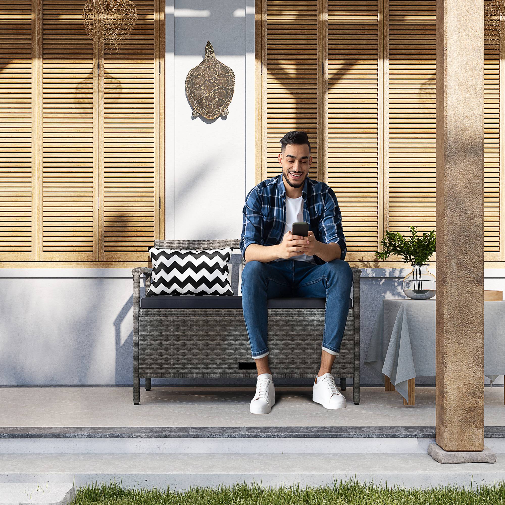 Banc de jardin 2 places avec coffre rangement 160L rotin PE terrasse gris - ComfortXL Outdoor Living - Image 3