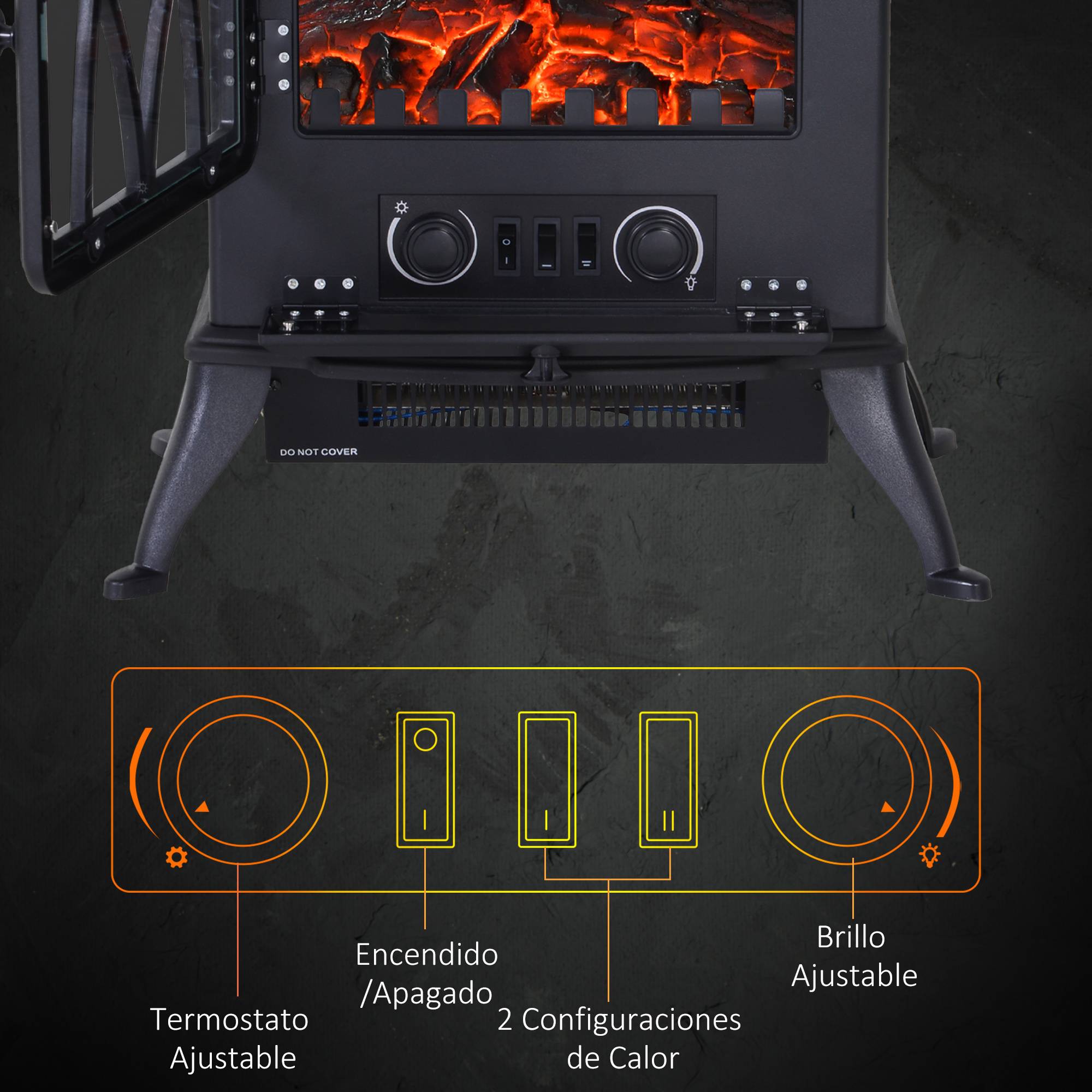Cheminée électrique portable 1000W/2000W, silencieuse, sur pied, avec effet flamme et une zone de chauffe de 30 m², noire. - Image 8