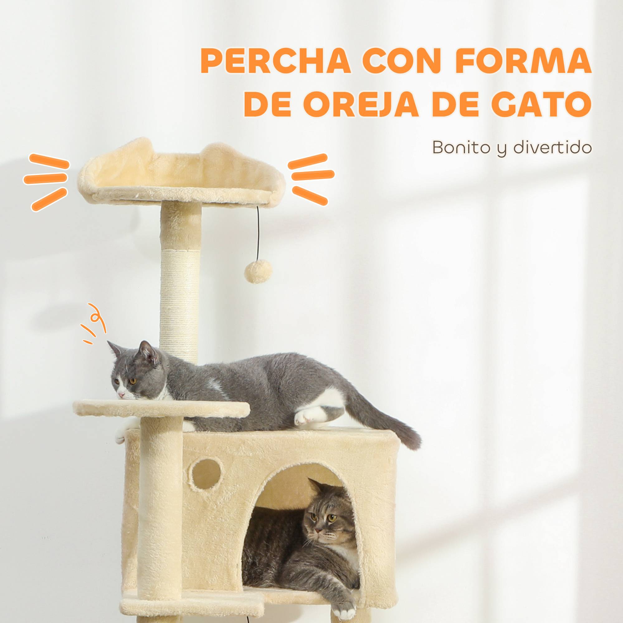 Arbre à chat de 180 cm avec plateformes, lit, 2 grottes, hamac, échelle et poteaux en sisal beige - Image 7