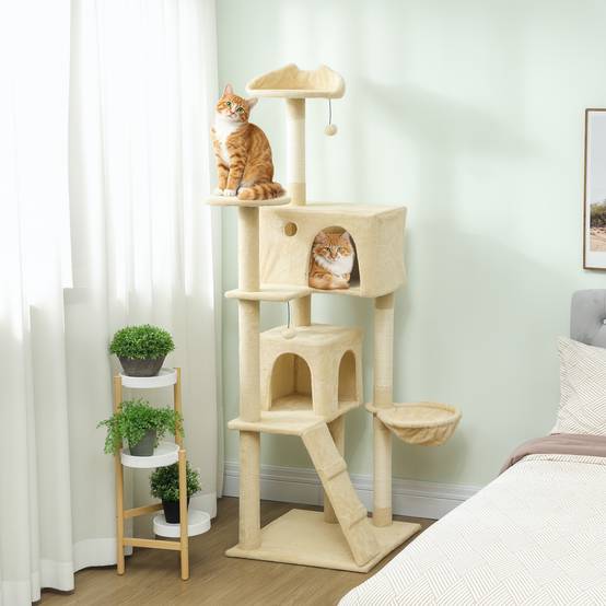 Arbre à chat de 180 cm avec plateformes, lit, 2 grottes, hamac, échelle et poteaux en sisal beige - Image 3