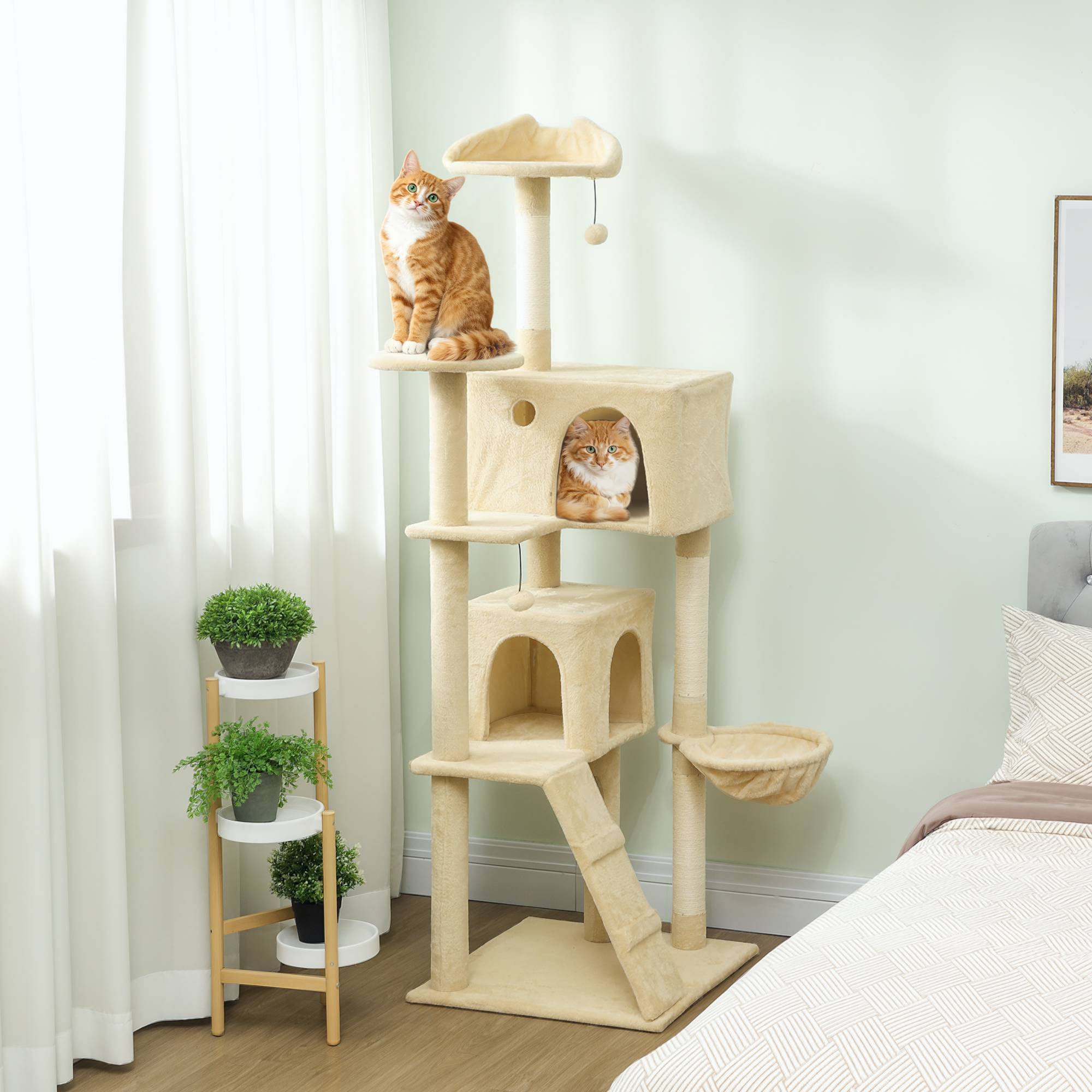 Arbre à chat de 180 cm avec plateformes, lit, 2 grottes, hamac, échelle et poteaux en sisal beige - Image 3