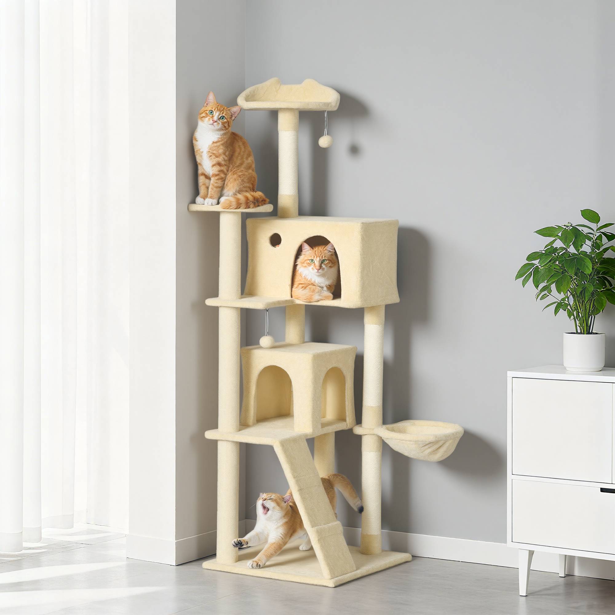 Arbre à chat de 180 cm avec plateformes, lit, 2 grottes, hamac, échelle et poteaux en sisal beige - Image 4