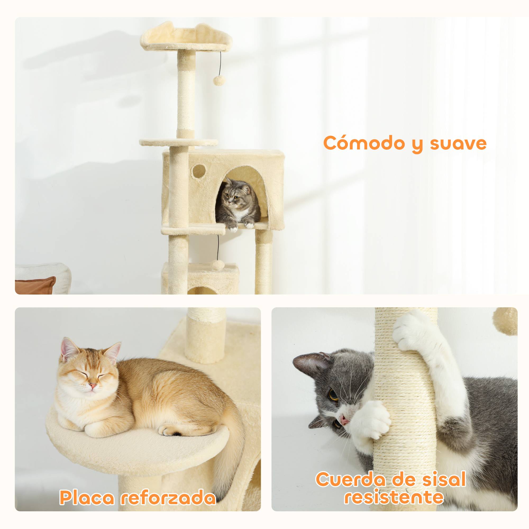 Arbre à chat de 180 cm avec plateformes, lit, 2 grottes, hamac, échelle et poteaux en sisal beige - Image 9