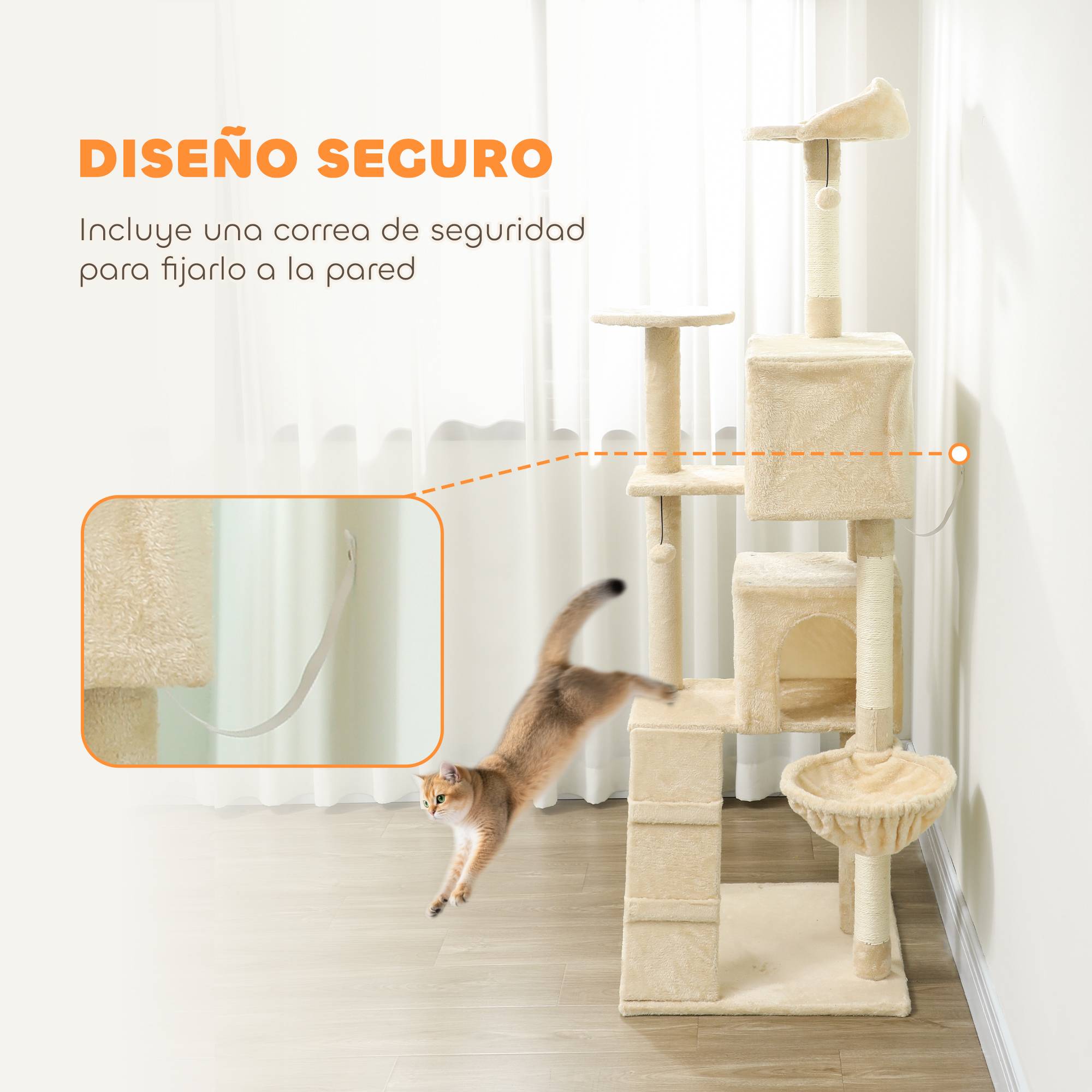 Arbre à chat de 180 cm avec plateformes, lit, 2 grottes, hamac, échelle et poteaux en sisal beige - Image 8