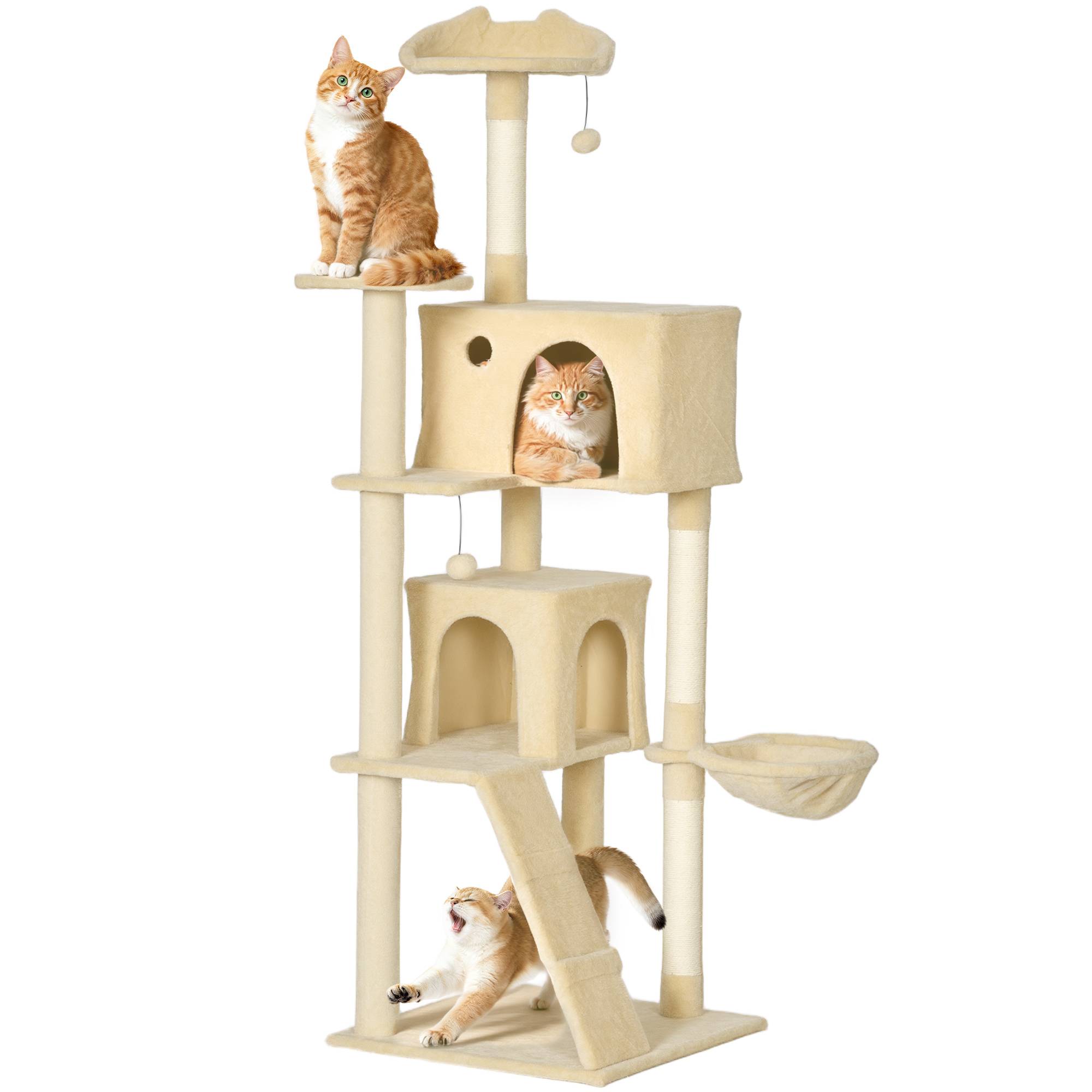 Arbre à chat de 180 cm avec plateformes, lit, 2 grottes, hamac, échelle et poteaux en sisal beige