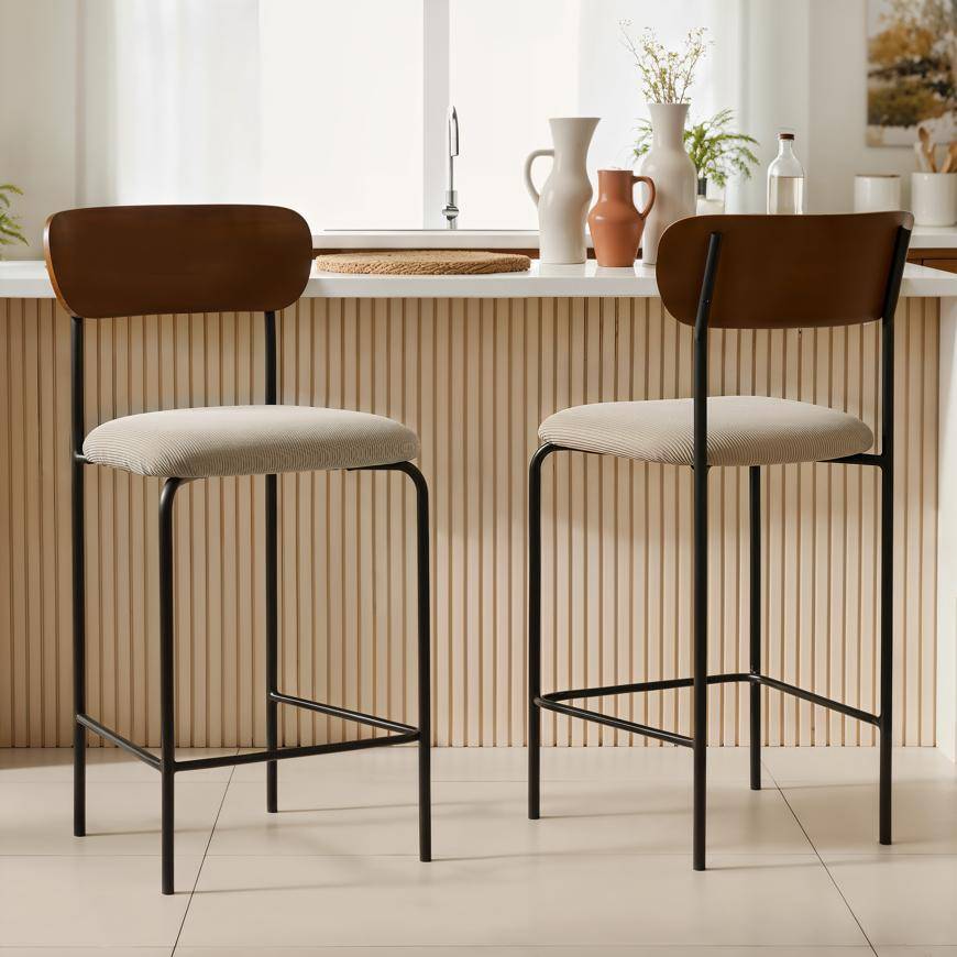Sicaan Lot de 2 tabourets de bar scandinaves OLIVIA velours côtelé beige - Image 3