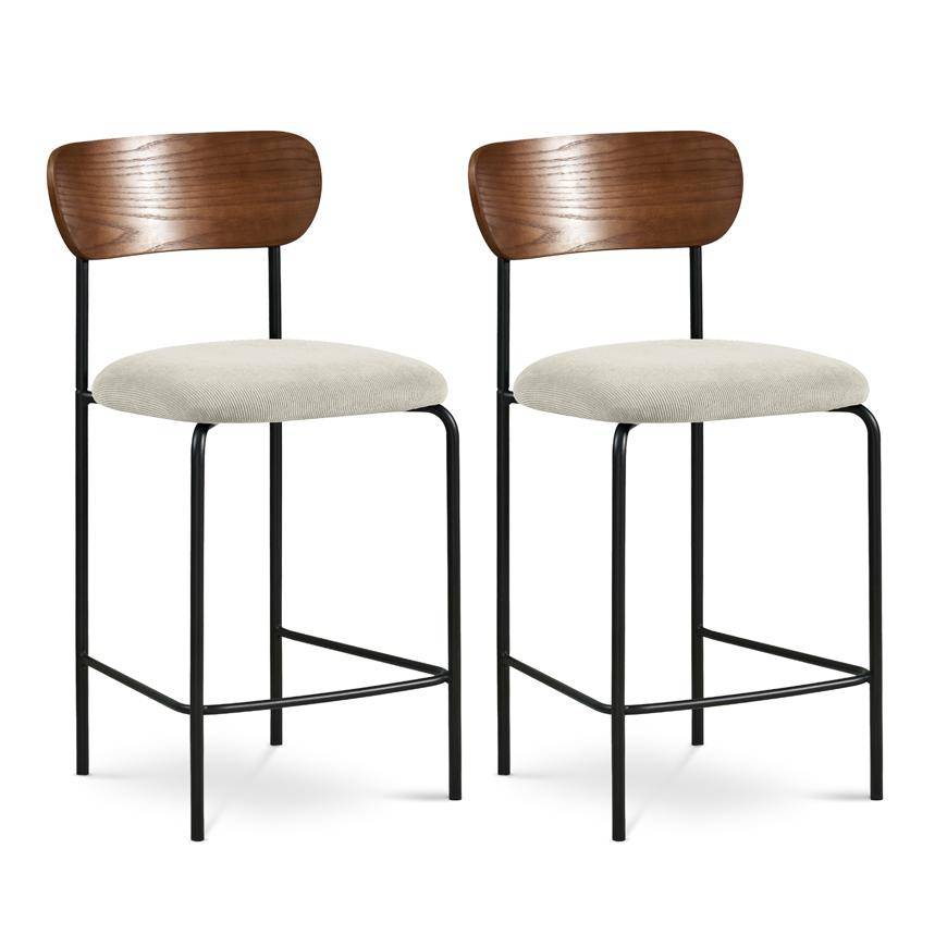 Sicaan Lot de 2 tabourets de bar scandinaves OLIVIA velours côtelé beige - Image 1