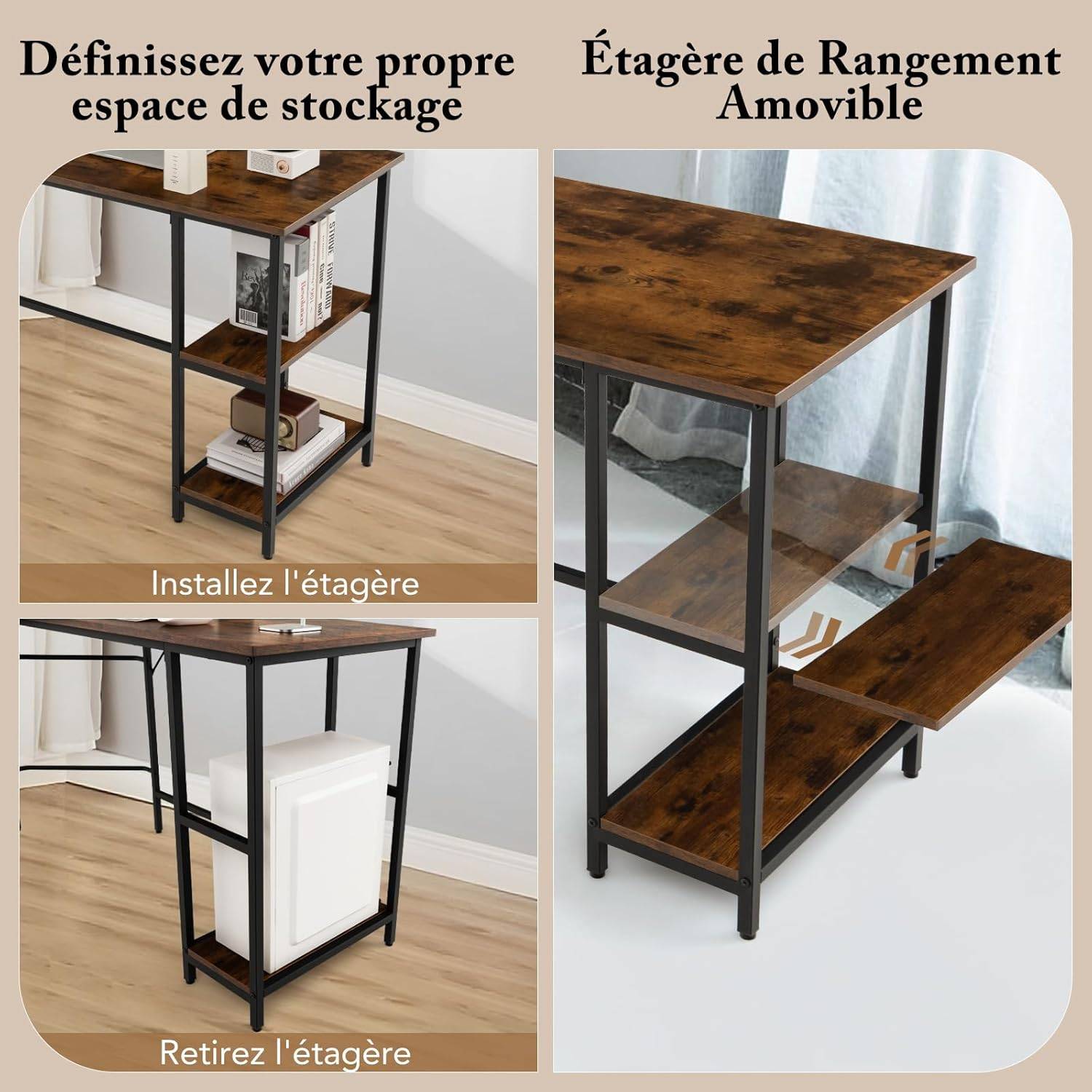 Bureau d'angle 138 x 138 cm, Bureau d'ordinateur en Forme de L avec Étagère à 2 Niveaux Amovible, Poste de Travail Cadre en Métal, (Marron) - Image 7