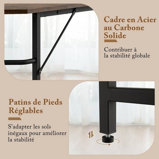 Bureau d'angle 138 x 138 cm, Bureau d'ordinateur en Forme de L avec Étagère à 2 Niveaux Amovible, Poste de Travail Cadre en Métal, (Marron) - Image 9