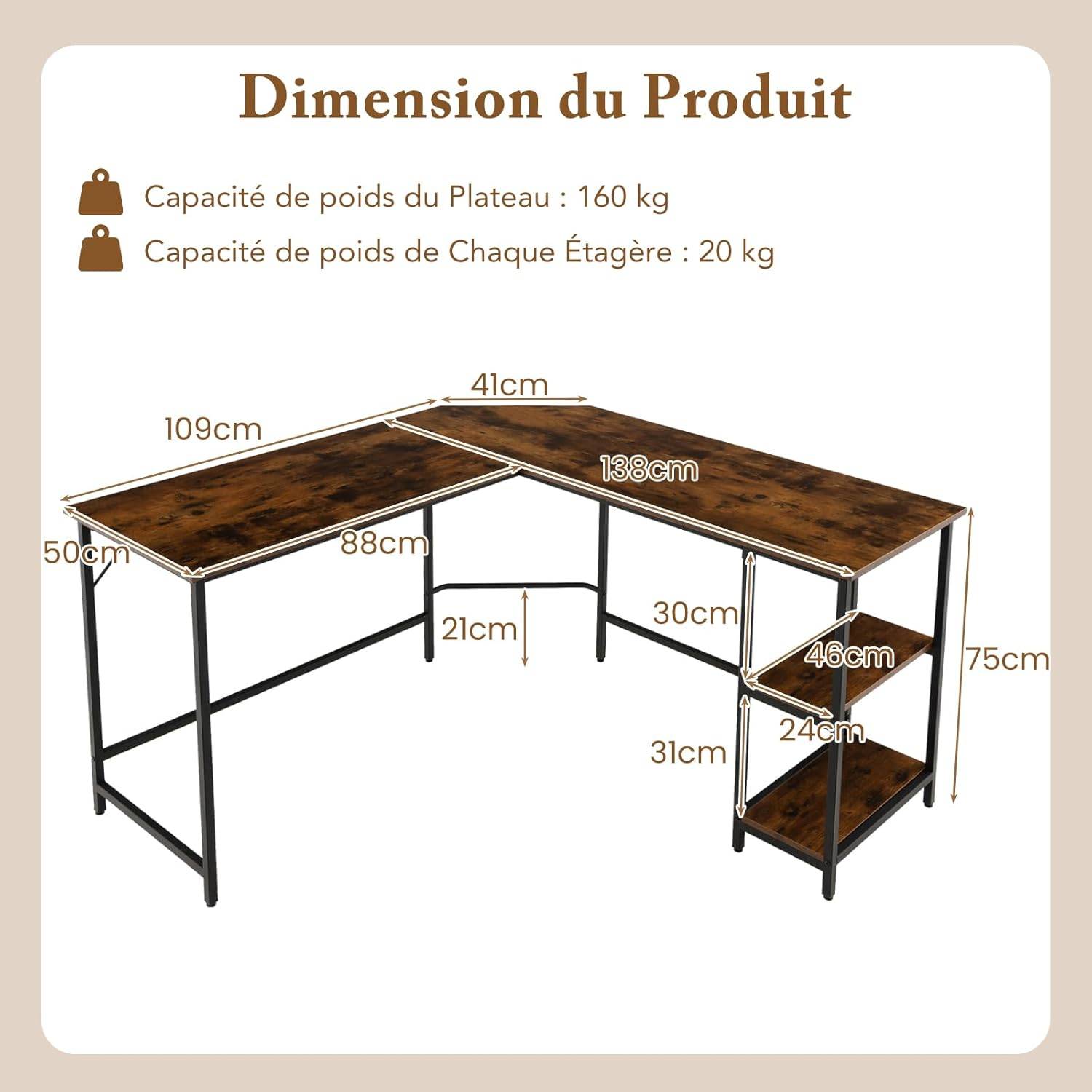 Bureau d'angle 138 x 138 cm, Bureau d'ordinateur en Forme de L avec Étagère à 2 Niveaux Amovible, Poste de Travail Cadre en Métal, (Marron) - Image 3