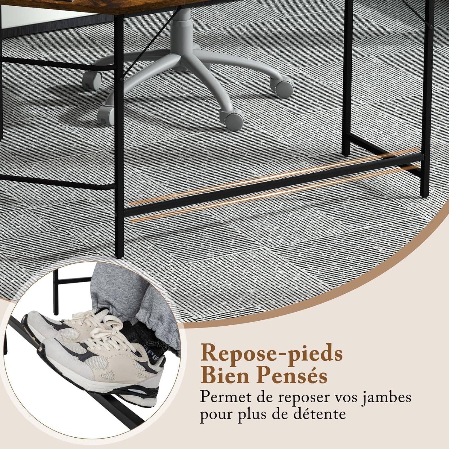 Bureau d'angle 138 x 138 cm, Bureau d'ordinateur en Forme de L avec Étagère à 2 Niveaux Amovible, Poste de Travail Cadre en Métal, (Marron) - Image 8