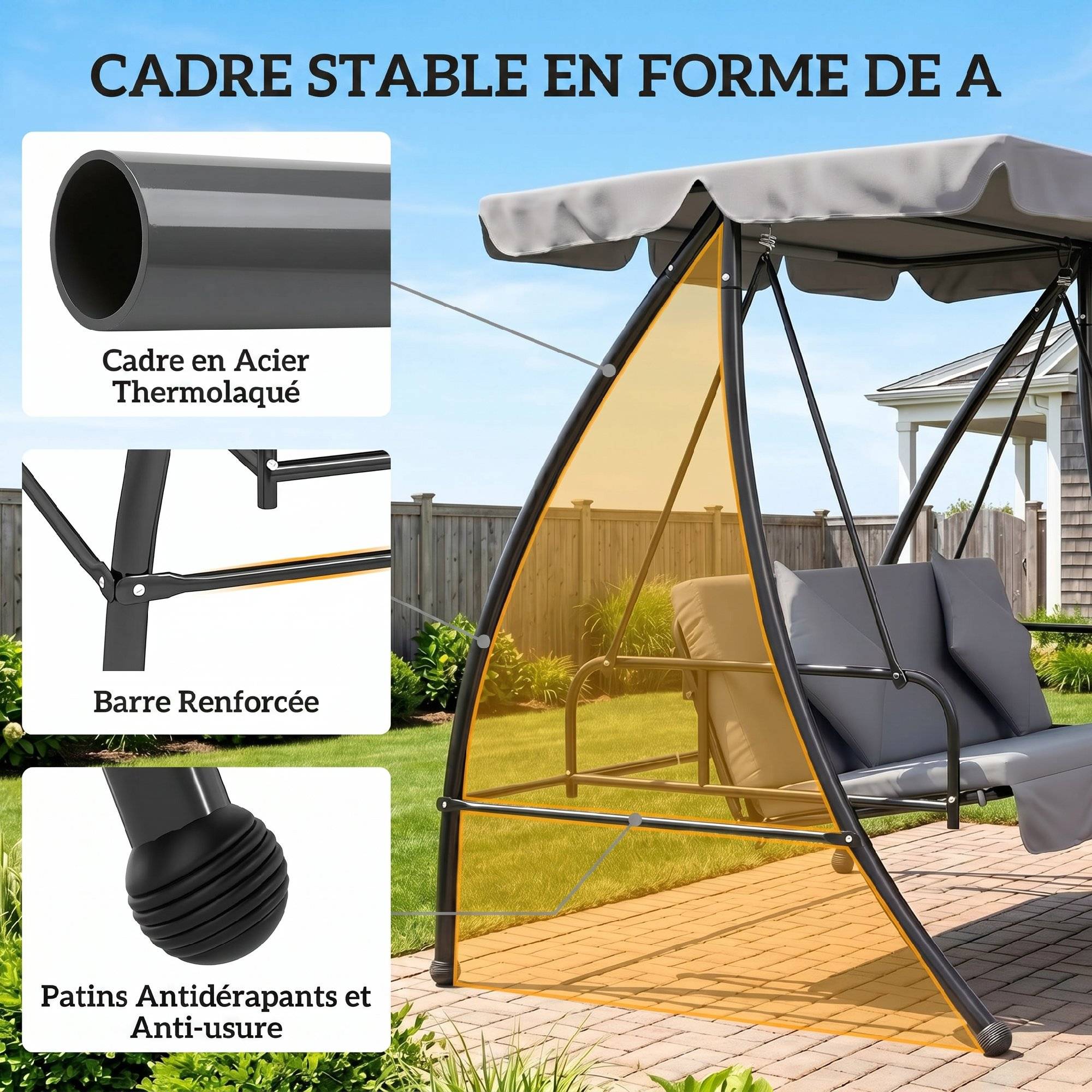 Balancelle de Jardin Convertible 3 Places Inclinaison Toit réglable Matelas 2 x 1,25 x 1,7 m métal Polyester Gris clair - Image 9