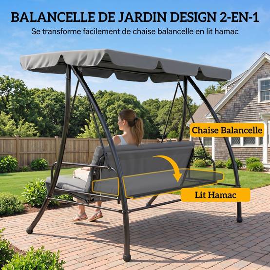Balancelle de Jardin Convertible 3 Places Inclinaison Toit réglable Matelas 2 x 1,25 x 1,7 m métal Polyester Gris clair - Image 6