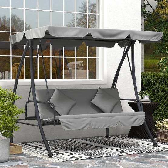 Balancelle de Jardin Convertible 3 Places Inclinaison Toit réglable Matelas 2 x 1,25 x 1,7 m métal Polyester Gris clair - Image 4
