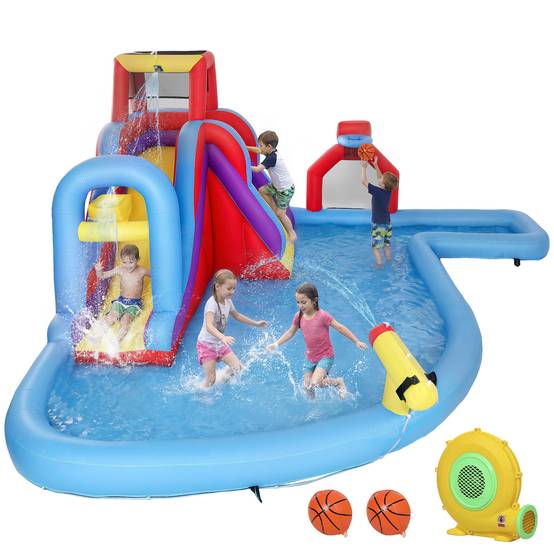 Château aquatique gonflable souffleur 550W toboggan mur escalade piscine panier basket et but de foot - Image 2