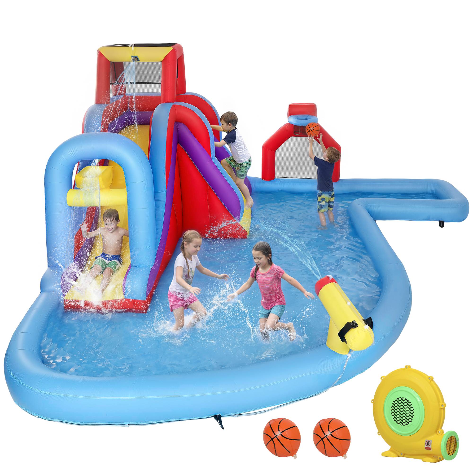 Château aquatique gonflable souffleur 550W toboggan mur escalade piscine panier basket et but de foot - Image 2
