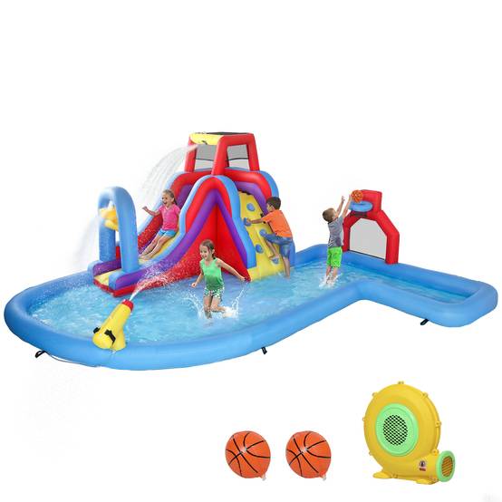 Château aquatique gonflable souffleur 550W toboggan mur escalade piscine panier basket et but de foot - Image 1