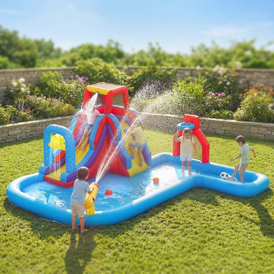 Château aquatique gonflable souffleur 550W toboggan mur escalade piscine panier basket et but de foot - Image 3