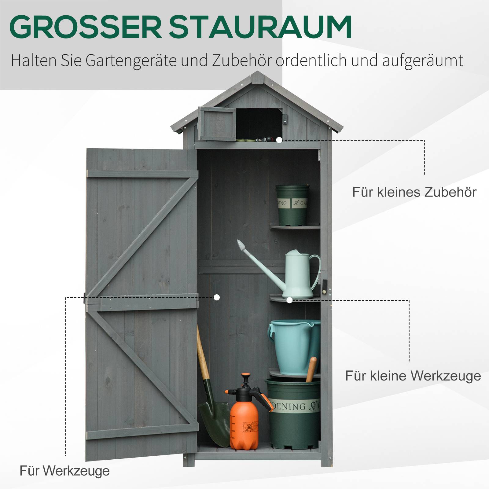 Armoire bois résistante, 77x54,2x179 cm, toit à deux pans, étagères, gris+vert - Image 6