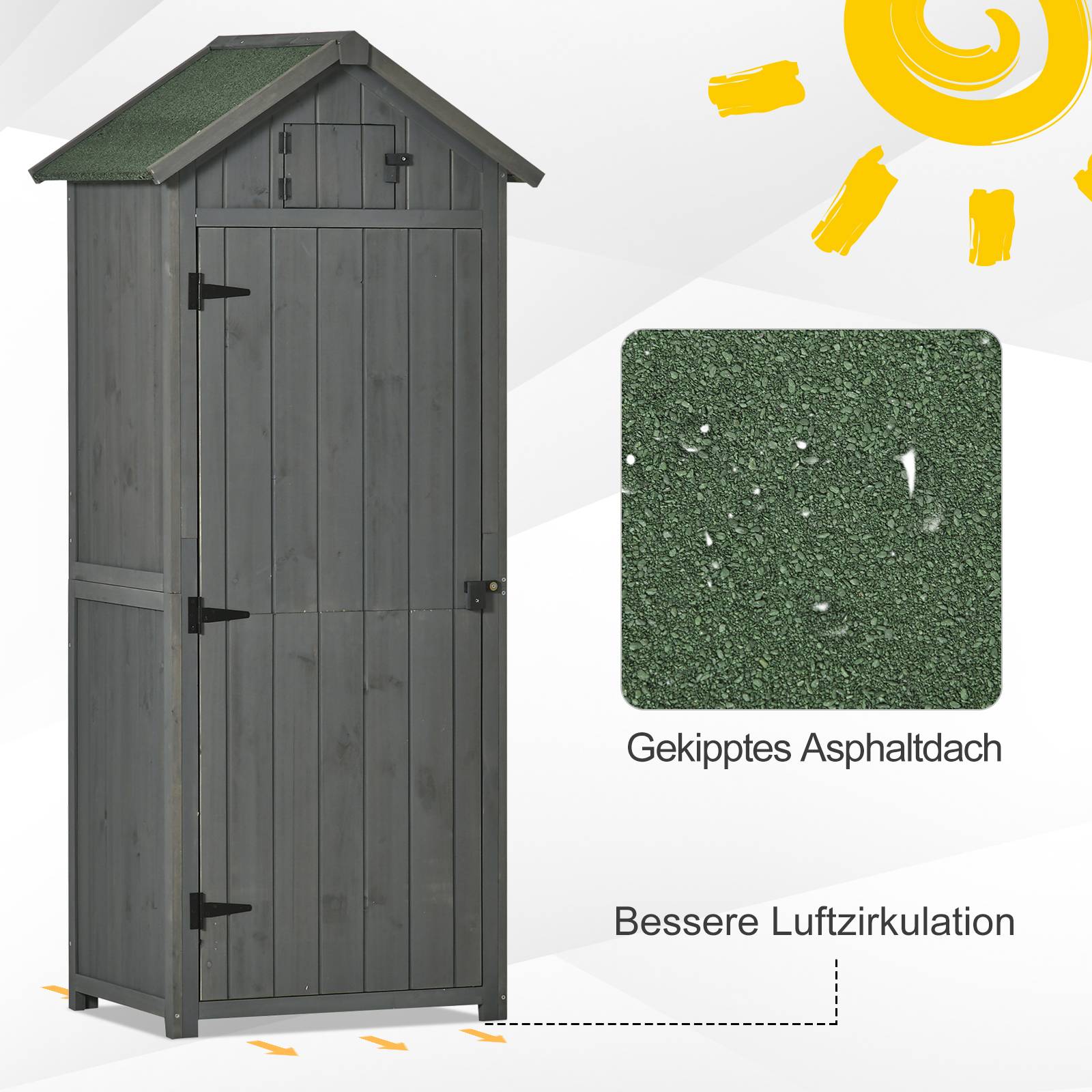 Armoire bois résistante, 77x54,2x179 cm, toit à deux pans, étagères, gris+vert - Image 7