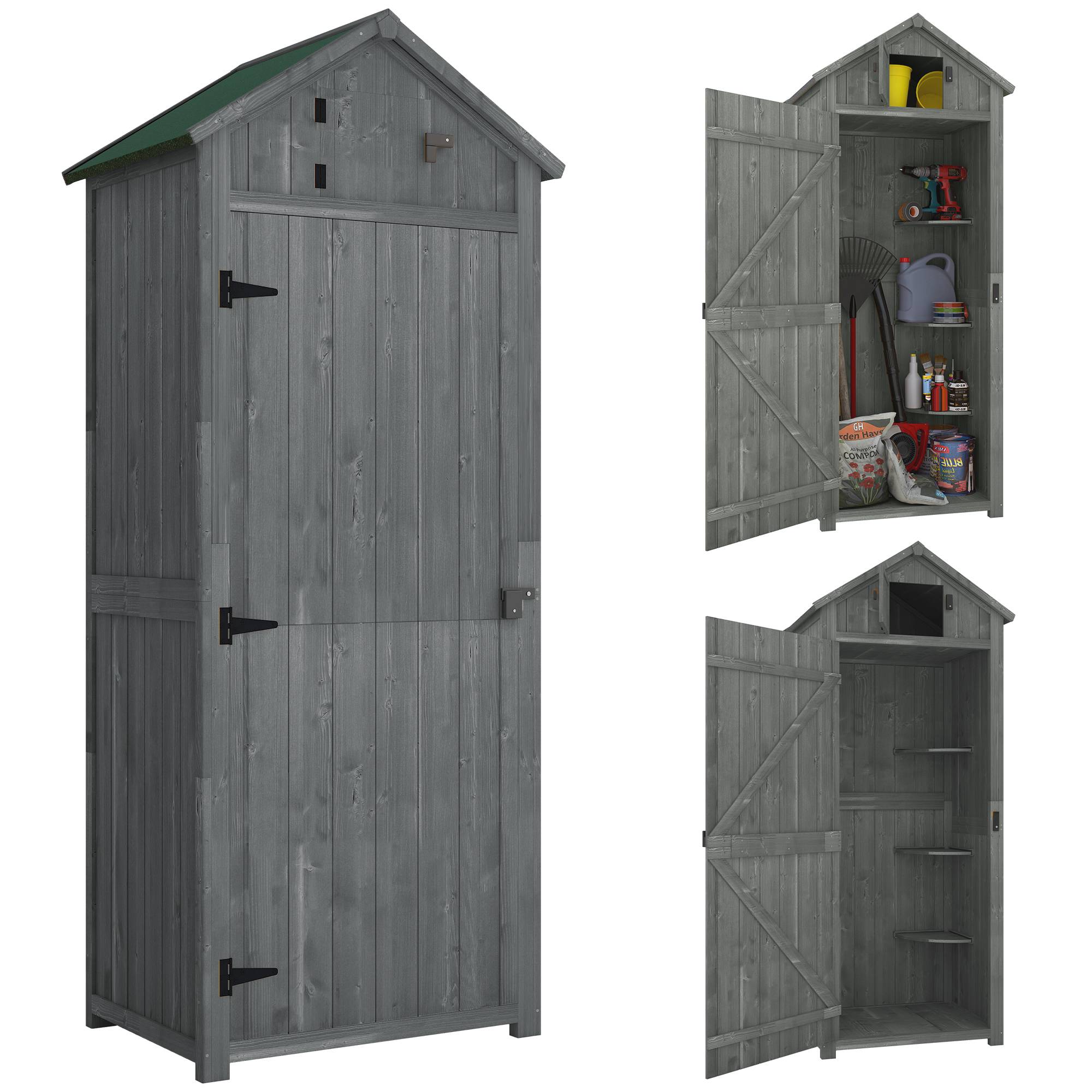 Armoire bois résistante, 77x54,2x179 cm, toit à deux pans, étagères, gris+vert - Image 1