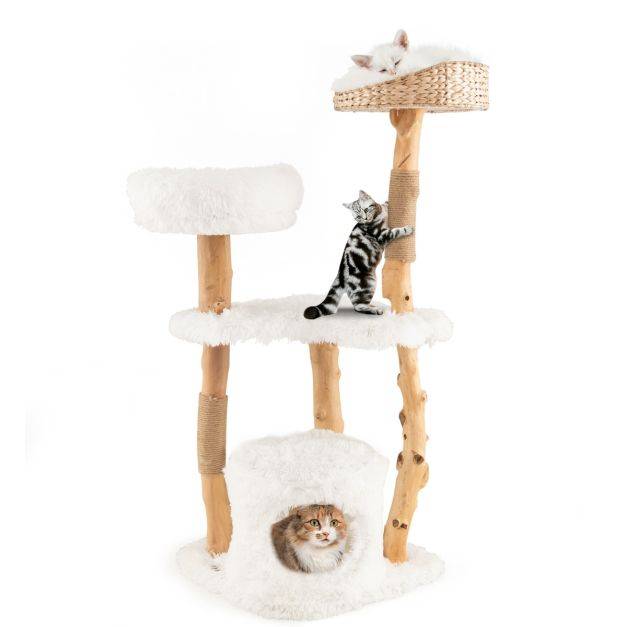 Helloshop26 - Arbre à chat en bois 124 cm avec perchoir supérieur en quenouilles et condo tour à chat avec coussin moelleux confortable blanc - Imagen 2