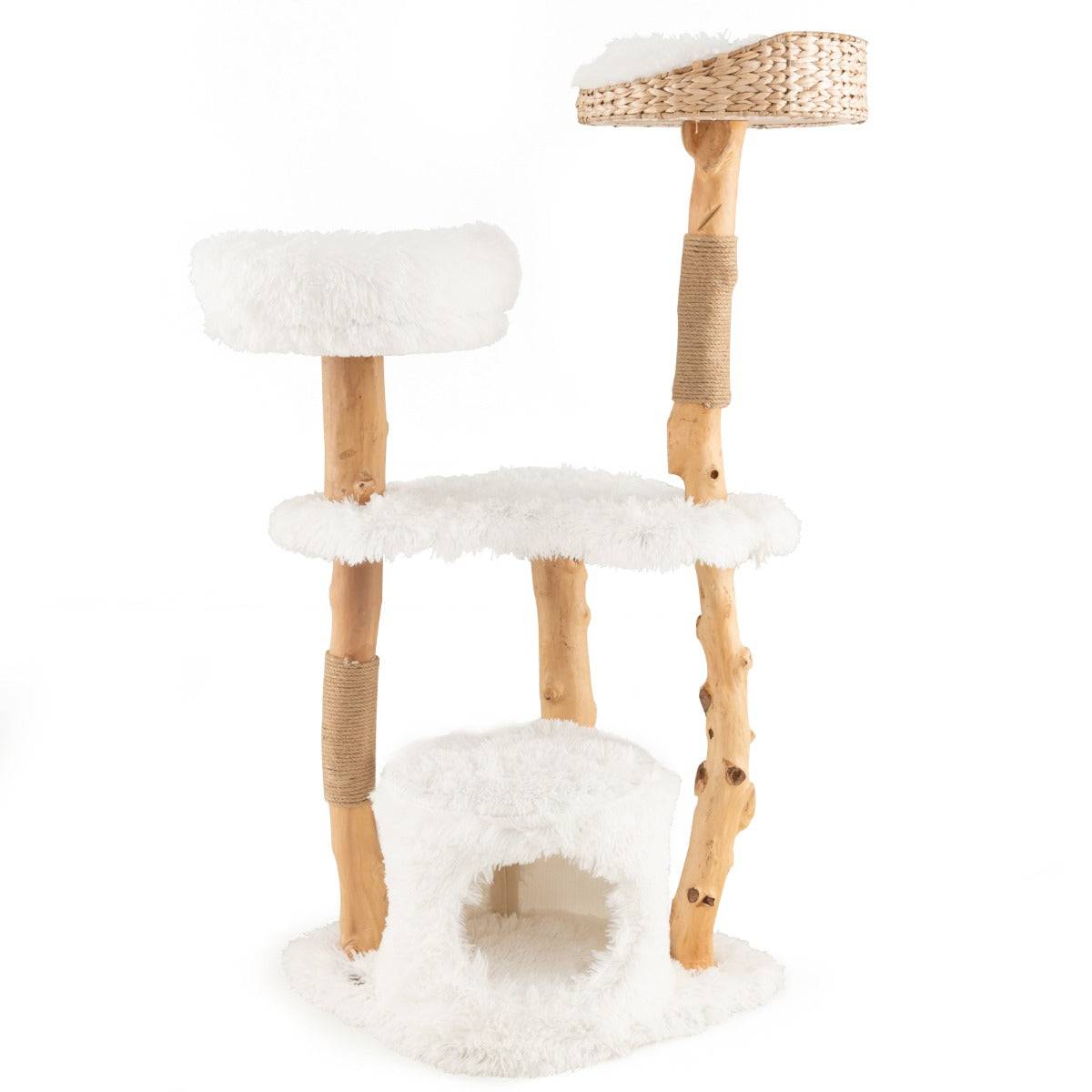 Helloshop26 - Arbre à chat en bois 124 cm avec perchoir supérieur en quenouilles et condo tour à chat avec coussin moelleux confortable blanc - Imagen 1