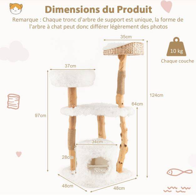Helloshop26 - Arbre à chat en bois 124 cm avec perchoir supérieur en quenouilles et condo tour à chat avec coussin moelleux confortable blanc - Imagen 3