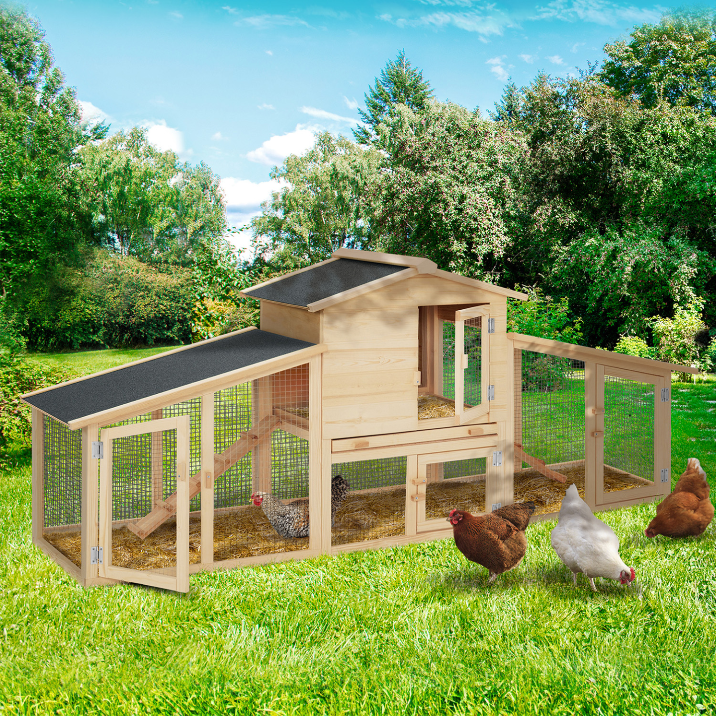 Poulailler VIP XXL – clapier double surélevé 2 niveaux, tiroir déjection, bois naturel – ID Market - Image 1
