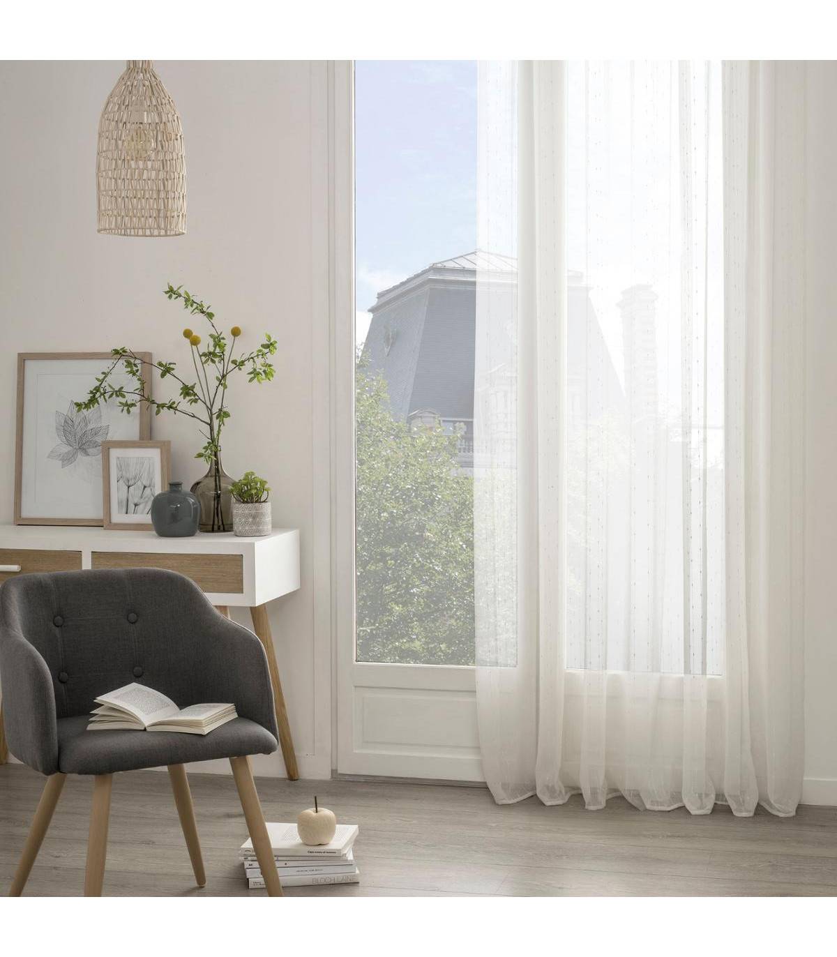 Voilage à œillets  Beige Lin avec fines rayures en relief 140 x 260 cm - Imagen 4