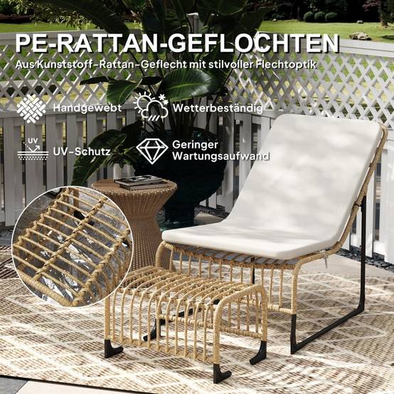 Fauteuil inclinable avec repose-pieds, résistant aux UV, avec coussin, en rotin, pour jardin et balcon, naturel - Image 4