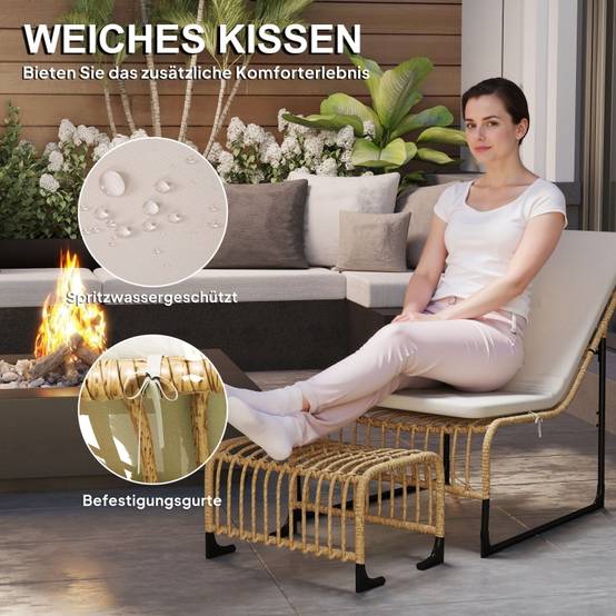 Fauteuil inclinable avec repose-pieds, résistant aux UV, avec coussin, en rotin, pour jardin et balcon, naturel - Image 6