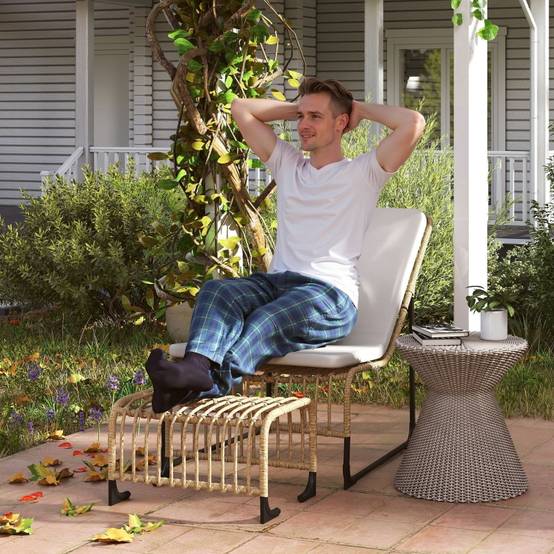 Fauteuil inclinable avec repose-pieds, résistant aux UV, avec coussin, en rotin, pour jardin et balcon, naturel - Image 2